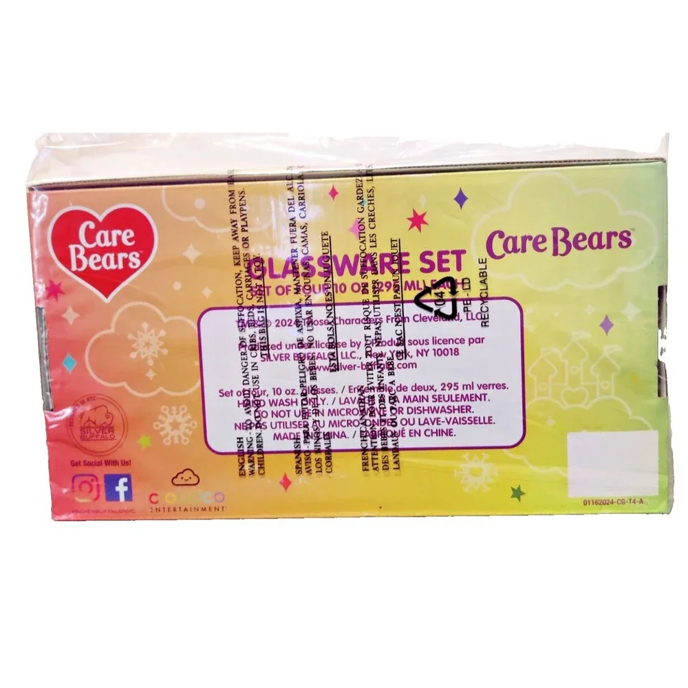 CARE BEARS Christmas Holiday Set Of 4 Glasses 10oz Glass Cups NEW